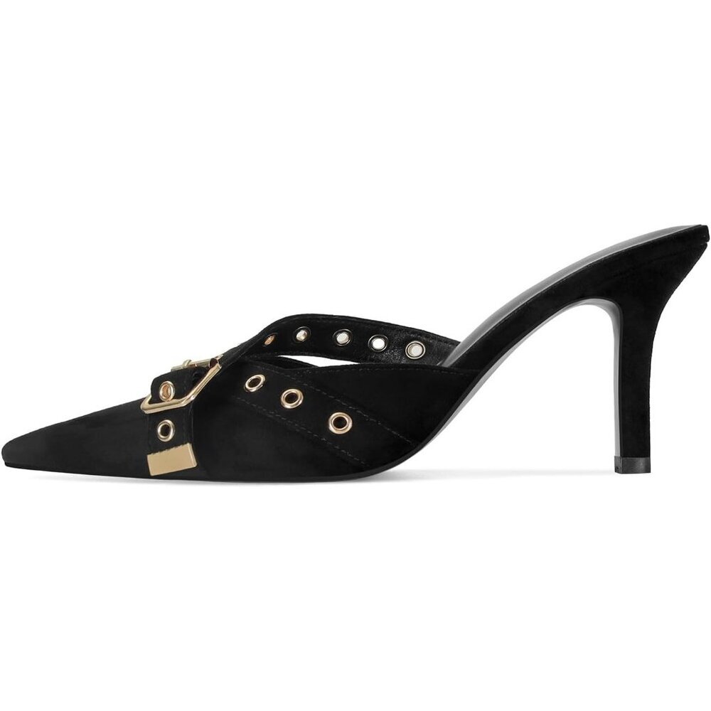 〽️Women's Black Suede Kitten Heels Studded Slip on Pointed Toe Dress Pump Shoes